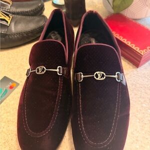 Louis Vuitton Men's Velvet Loafers in Deep Burgundy with Silver LV Bit